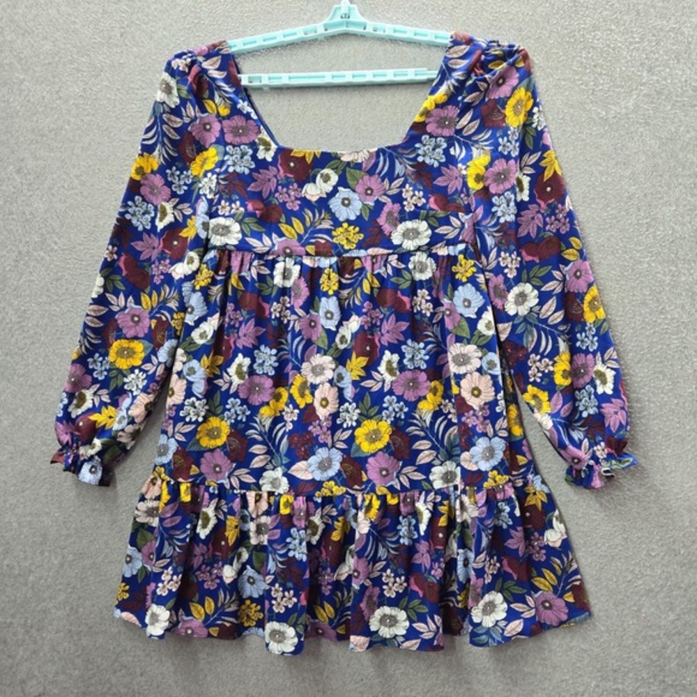 BCBGeneration Women Dress 4 Blue Floral Ruffle Square Neck Mini Balloon‎ NWT